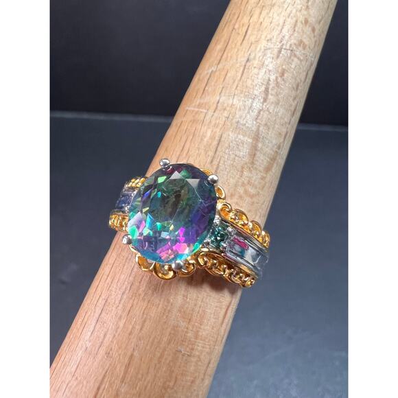 NEW green mystic topaz two toned sterling silver ring size 7 - Picture 1 of 16